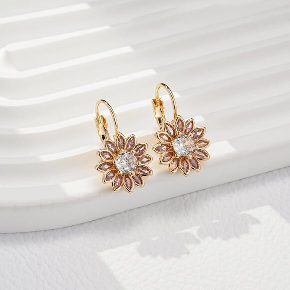 14K Gold Plated Pink Main Crystal Flower Drop Leverback Earrings for Women - Picture 5 of 7